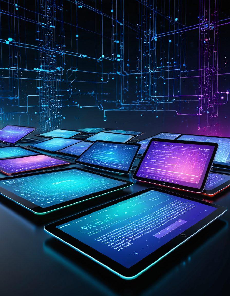 A dynamic digital landscape featuring flowing binary code, vibrant interconnected nodes, and diverse text snippets floating in a cyberspace setting. Include various devices like laptops, tablets, and smartphones with glowing screens displaying different text processing tools. The background should resemble a high-tech network with a sleek and futuristic design. super-realistic. vibrant colors.