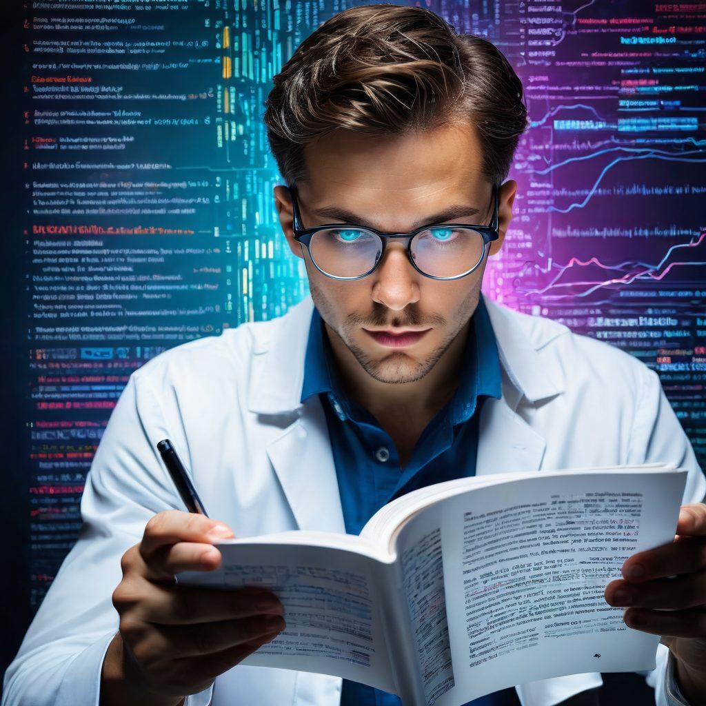An open book with pages morphing into streams of text and data flowing into a futuristic computer interface. Surrounding elements include magnifying glasses, analytical charts, and a person with a thoughtful expression. Vibrant colors, high-tech feel, and dynamic composition. modern digital art. high resolution.