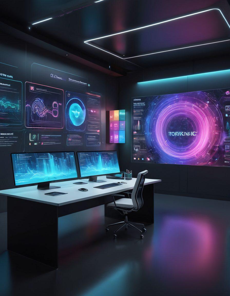 A futuristic workspace with digital text flowing through holographic screens, representing the seamless transformation and management of text workflows online. Include individuals interacting with the text using touch gestures, showcasing productivity and innovation. Highlight modern UI/UX design elements and sleek minimalistic surroundings. super-realistic. vibrant colors.